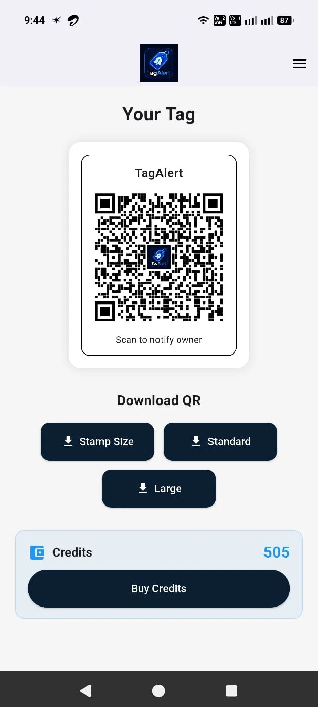 TagAlert QR tag screen
