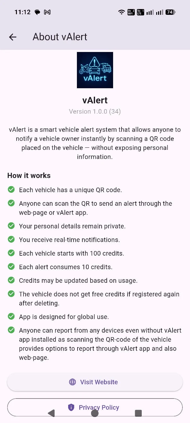 vAlert about screen showing how the app works